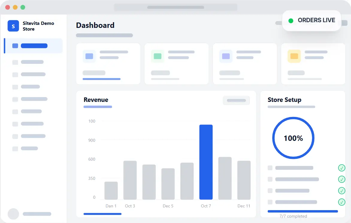 Sitevita merchant dashboard showing revenue chart, store setup checklist, and order management